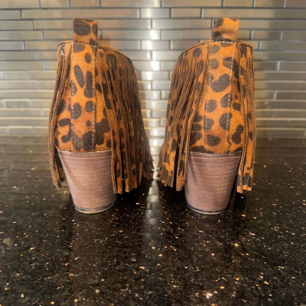 Leopard Print Fringe Ankle Booties in Brown and Black - Picture 4 of 5